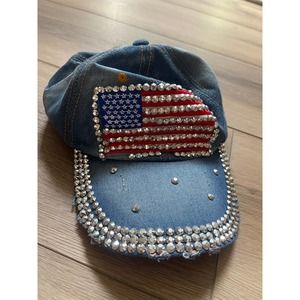 Magid Hat Distressed Demin Rhinestone USA Flag Studded Bedazzle Adjustable WMNS